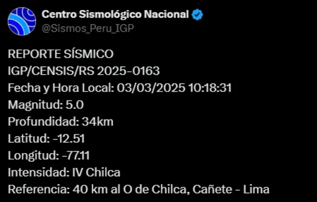 Sismo sorprendió a Lima este lunes 3 de marzo. Foto: IGP/X Sismo sorprendió a Lima este lunes 3 de marzo. Foto: IGP/X
