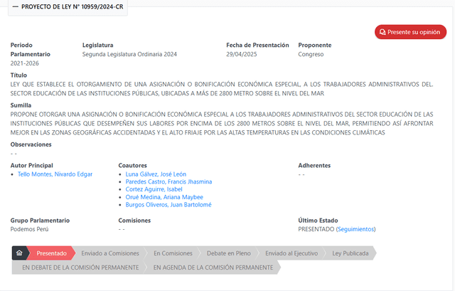 Proyecto de ley presentado en el Parlamento Nacional. Foto: Congreso de la República. Proyecto de ley presentado en el Parlamento Nacional. Foto: Congreso de la República.