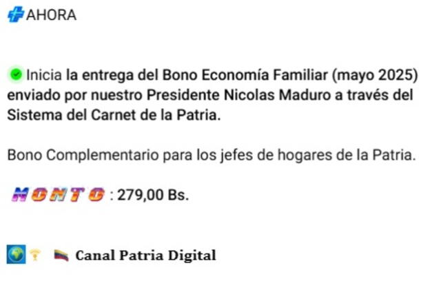 Anuncio del Bono Economía Familiar de mayo 2025. Foto: Canal Patria Digital   
