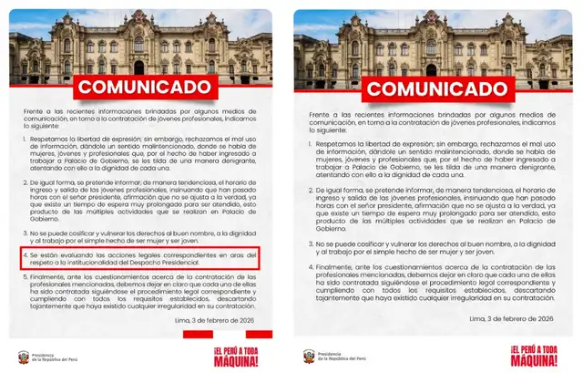  Izquierda: primer comunicado publicado y luego eliminado por la Presidencia del Perú | Derecha: segundo comunicado publicado.    