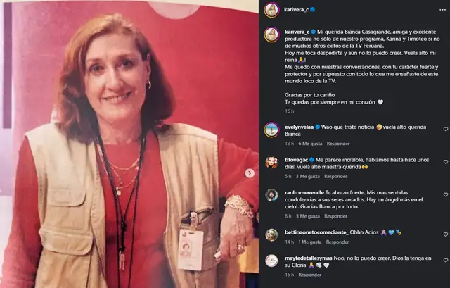 Karina Rivera se lamenta al anunciar la muerte de querida integrante de su programa ‘Karina y Timoteo’