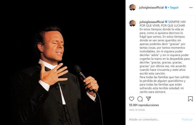 La conmovedora publicación de Julio Iglesias en Instagram.