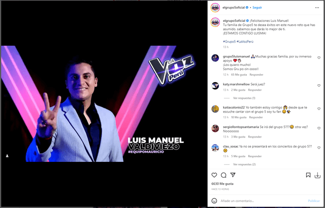 Grupo 5 le envía mensaje de apoyo a Luis Valdiviezo. Foto: Instagram