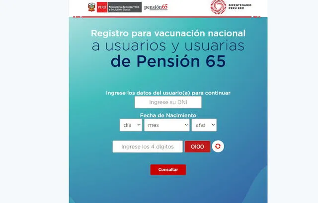 Página web habilitada por el Midis para que usuarios y usuarias de Pensión 65 se inscriban, y actualicen datos personales, para recibir la vacuna COVID-19. Foto: captura Pensión 65