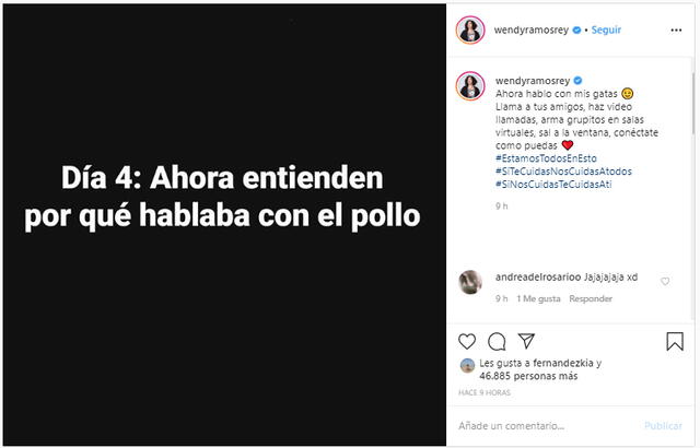 Wendy Ramos se pronunció en Instagram por cuarentena.