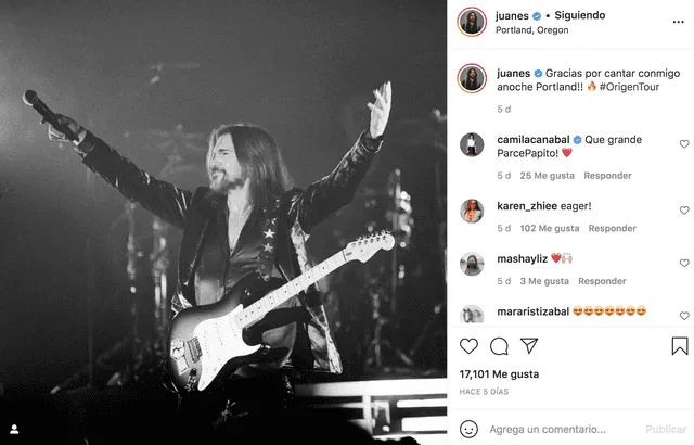La estrella de rock colombiana Juanes se encuentra en la gira de su último disco 'Origen'