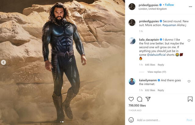 Jason Momoa revela el nuevo traje de Aquaman para The lost kingdom. Foto: Instagram/@prideofgypsies