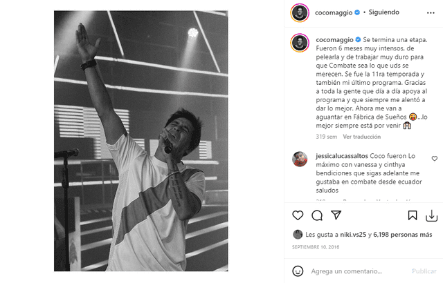 Coco Maggio agradece a fanáticos tras salida de "Combate"