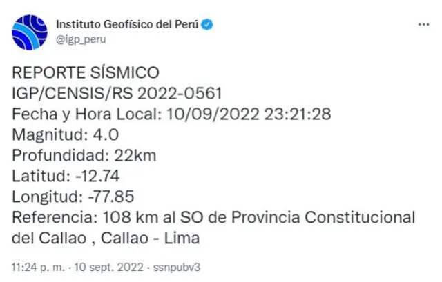 Datos del sismo ocurrido en Callao. Foto: IGP