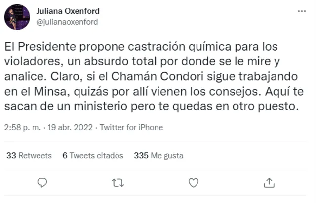 Juliana Oxenford había exigido previamente pena de muerte para  Juan Antonio Enríquez García, más conocido como "El monstruo de Chiclayo".  Foto: Twitter