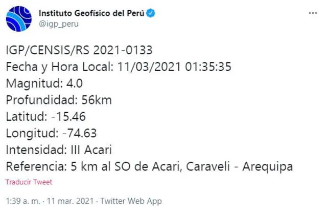 Datos del temblor en Arequipa, según IGP. Foto: Twitter
