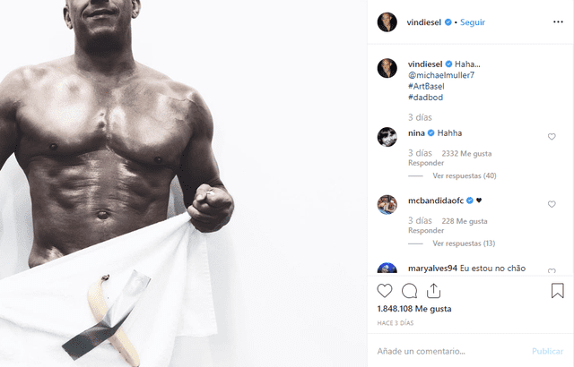 Vin Diesel parodia la banana en la pared en Instagram
