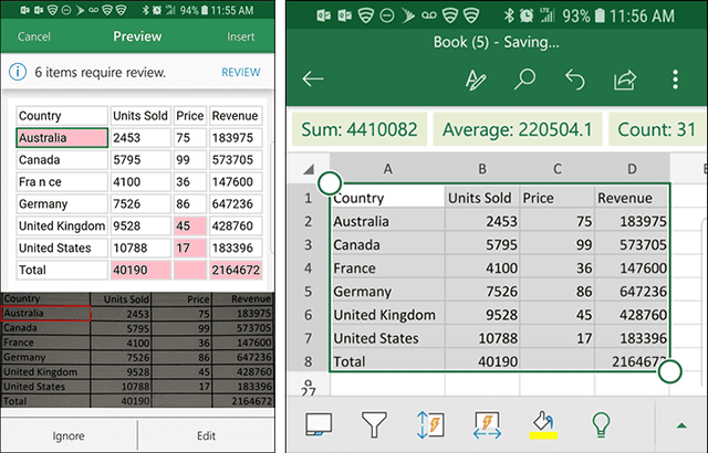 Smartphone Microsotf Excel