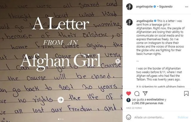 Angelina Jolie se crea Instagram con poderosa carta de una niña afgana. Foto: captura/Instagram