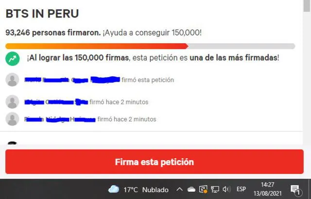 93.246 de 150.000 firmas que ARMY debe acumular para un concierto de BTS en Perú. Foto: captura change.org
