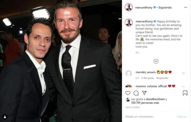 La publicación de Marc Anthony en Instagram, dedicada a David Beckham.