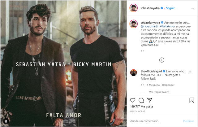 El anuncio de Sebastián Yatra en su cuenta de Instagram.