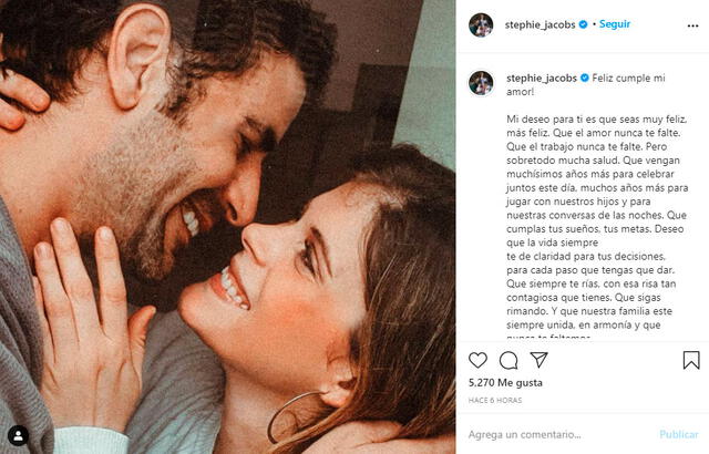 Stephie Jacobs dedicó un emotivo mensaje de cumpleaños para su esposo Sebastián Monteghirfo. Foto: Stephie Jacobs Instagram