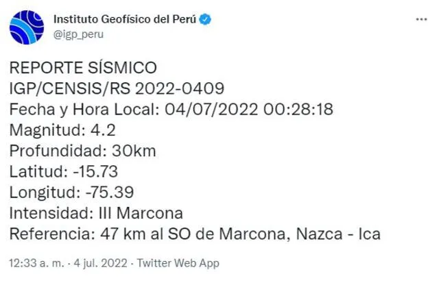 Datos del sismo en Ica. Foto: @igp_peru / Twitter