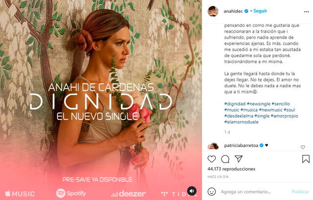 Anahí de Cárdenas anuncia estreno de su nueva canción "Dignidad". Foto: Anahí de Cárdenas Instagram