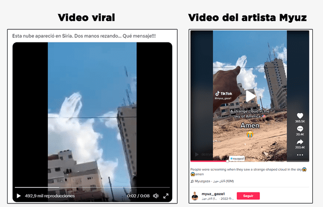 Comparación entre el video viral y el original en la cuenta de Myuz. Foto: composición LR/Twiter/TikTok   