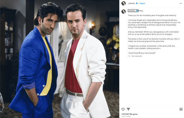 David Schwimmer le dedicó un extenso agradecimiento a Matthew Perry. Foto: Instagram Schwimmer.   