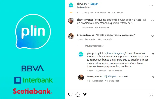  Respuesta de Plin a usuaria. Foto: captura de Instagram   