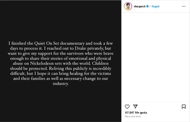 Publicación de Josh Peck hablando sobre su compañero Drake Bell y su dura denuncia. Foto: Instagram/Josh Peck    