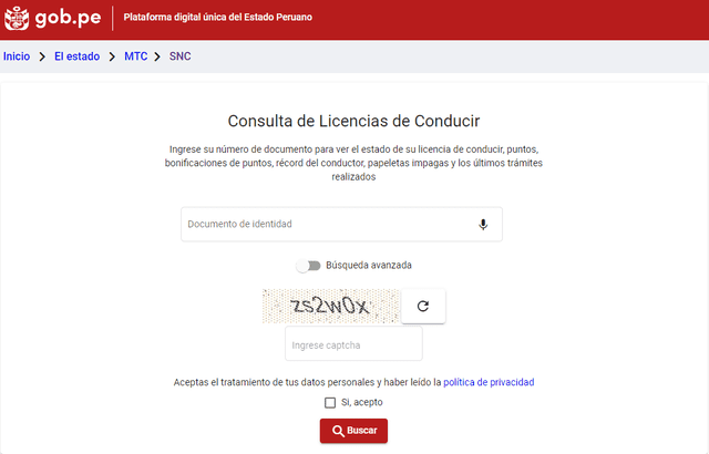 Web oficial del MTC para verificar la correcta inscripción de tu licencia de conducir. Foto: MTC   