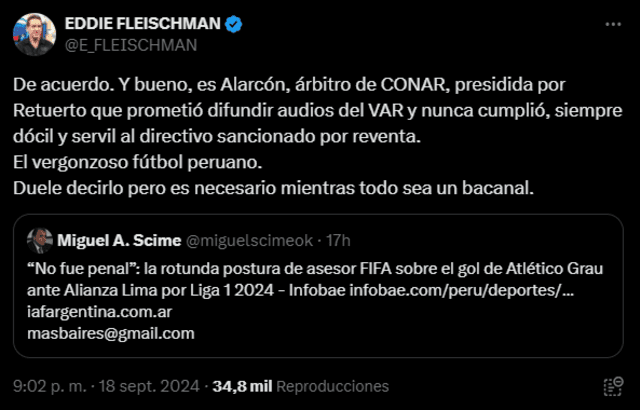  Tuit de Eddie Fleischman sobre polémico penal del Alianza Lima vs Atlético Grau. Foto: captura de X/Eddie Fleischman   