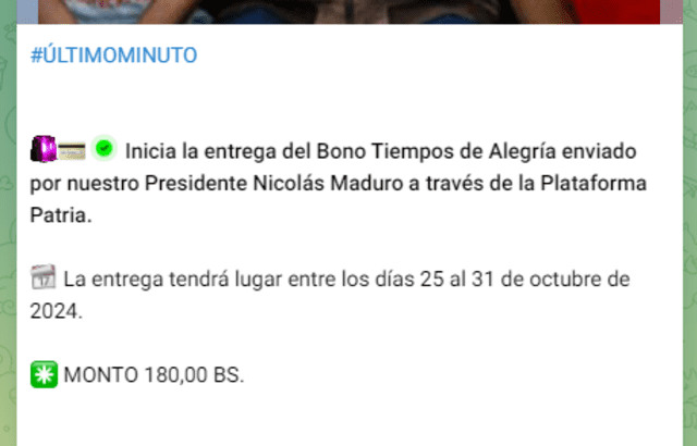 El Bono Tiempos de Alegría llegó con el monto de 180 bolívares. Foto: Canal Patria Digital/ Telegram