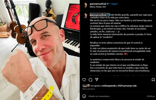  El cantautor utilizó sus redes sociales para informar a sus seguidores sobre su estado de salud. Foto: Instagram    