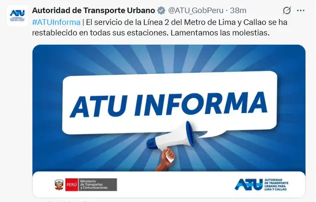 ATU reanuda servicio de la Línea 2 del Metro de Lima y Callao, tras una hora de interrupción. Foto: X/@ATU_GobPerú