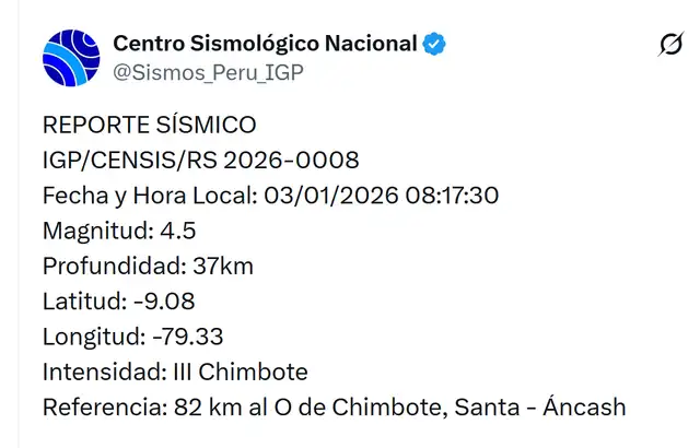 Último temblor en Perú. Foto: IGP   