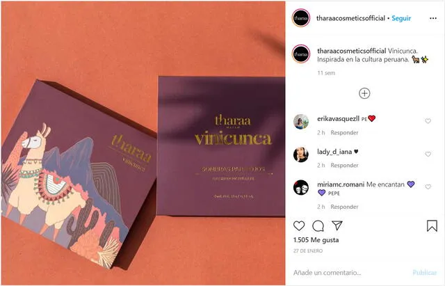 La publicación en Instagram de Tharaa Cosmetics, la empresa de maquillaje de Belinda.