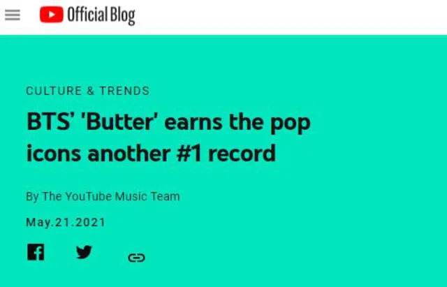 YouTube confirma récord de Butter. Foto: captura