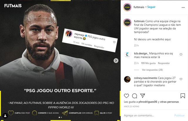 El comentario de Neymar no pasó desapercibida en redes sociales. Foto: @futtmais/Instagram