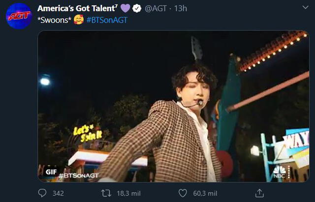 Post de American's got talent en Twitter sobre la presentación de "Dynamite" de BTS. Créditos: @AGT