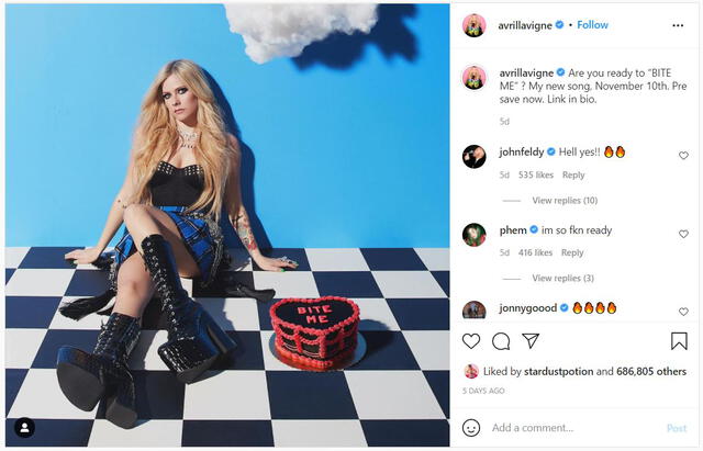 La publicación de Avril Lavigne supera el medio millón de 'me gusta'. Foto: captura de Instagram/Avril Lavigne