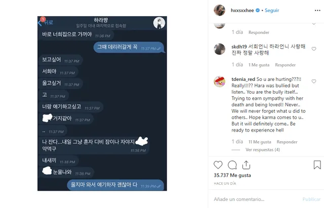 A través de Instagram Han So Hee expresó su dolor por la muerte de Hara.