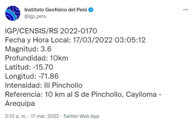 Datos del sismo en Arequipa. Foto: captura IGP