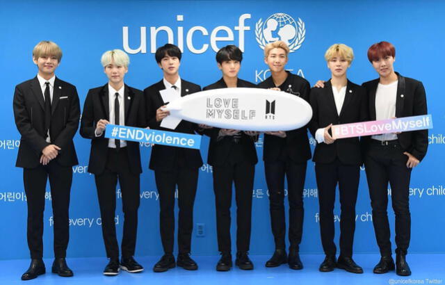 Miembros de BTS impulsando la campaña "Love yourself" para UNCEF. Créditos: UNICEF