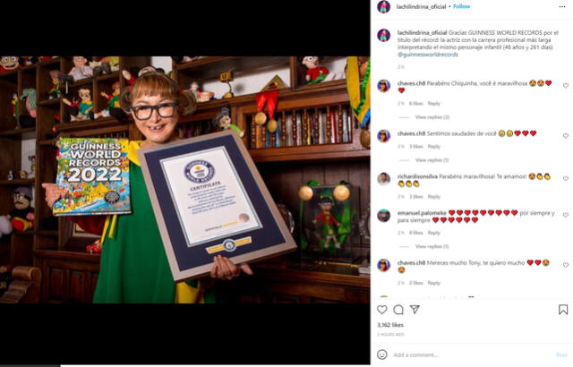 María Antonieta de las Nieves consigue Récord Guinness por la longevidad de la Chilindrina. Foto: Instagram/@lachilindrina_oficial
