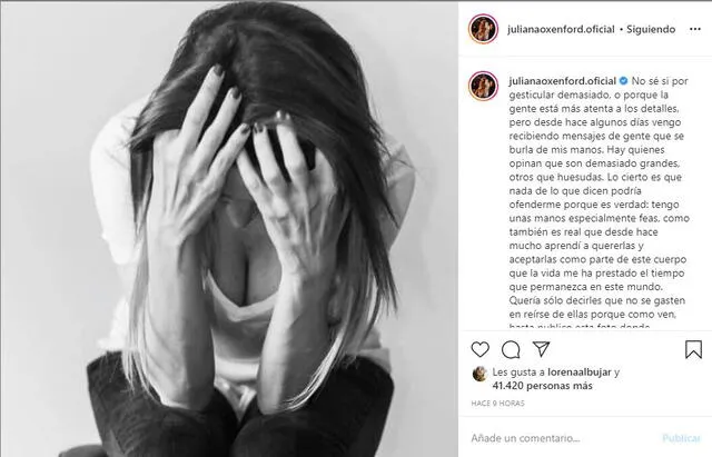 Juliana Oxenford responde a usuarios que la critican por tener "manos feas".