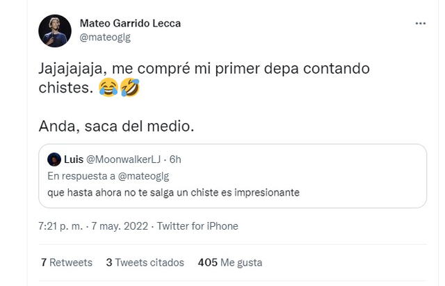 7.5.2022 | Tuit de Mateo Garrido Lecca defendiendo su carrera de comediante. Foto: captura Twitter