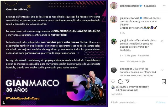 Publicación de Gian Marco en Instagram anunciando postergación de concierto.