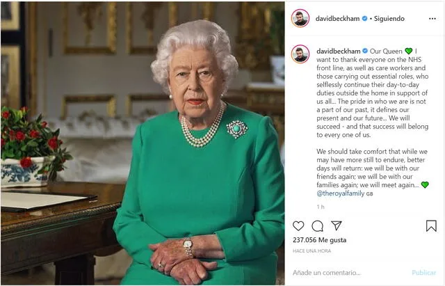 La publicación de David Beckham en Instagram en apoyo a la reina Isabel II.