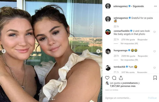 Publicación de Selena Gómez en Instagram degustando una rica pasta