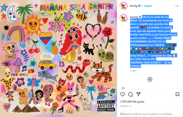  Karol G presenta la portada de su nuevo álbum "Mañana será bonito". Foto: Captura instagram Karol G 
