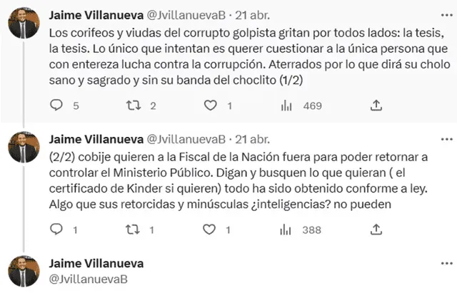  Tuits de Villanueva previo a ser asesor de Benavides. Foto: captura de 'X'    
